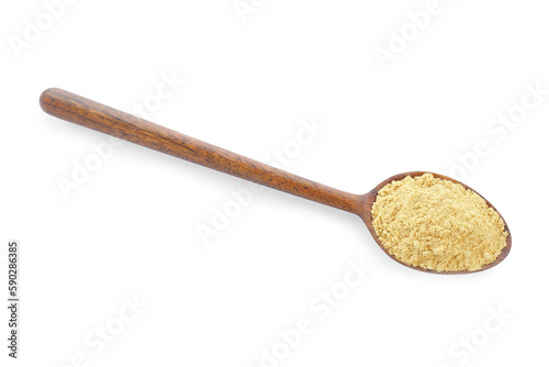 Wooden spoon with aromatic mustard powder on white background, top view