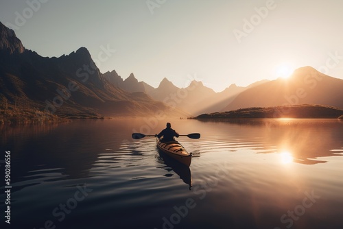 A man kayaking on a calm lake surrounded by nature and evening sunset. Generative ai © Oleksandr Kozak