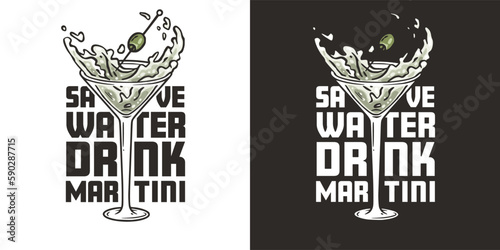 Martini vector with olives and splashes for alcohol cocktail bar or drink party. Logo design with glass of martini for bartender or barman