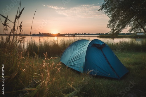 Blue camper tent with a lake in the background during sunset. Generative AI