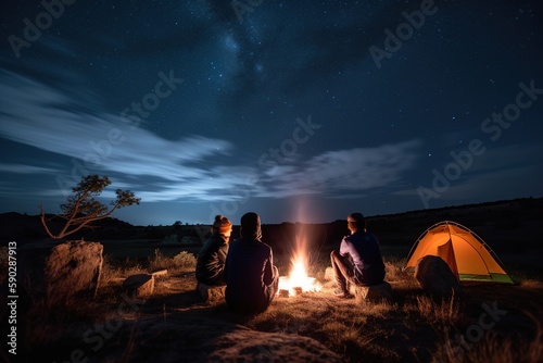 A goup of people sitting around camp fire in night. Generative AI photo