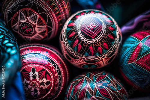 Colorful pysanky Easter eggs  hand decorated  painted. Generative AI