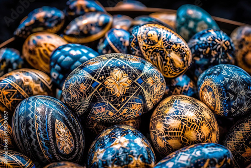 Colorful pysanky Easter eggs, hand decorated, painted. Generative AI