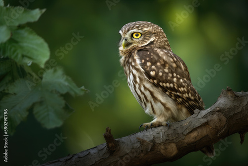 Little owl (Otus scops) in its natural habitat, sitting on a green tree branch with a forest in the backdrop; Bulgaria. Natural setting with wildlife, generative AI