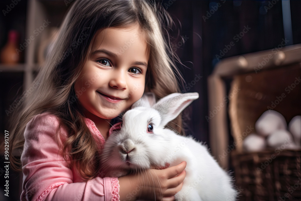 Happy child with cute Easter bunny rabbit, Spring season. Generative AI Happy child with cute Easter bunny rabbit, Spring season. Generative AI