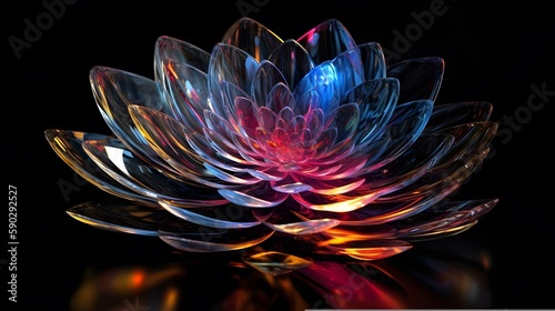 Colorful 3D glass flower sculpture on black background with light burst. Generative AI