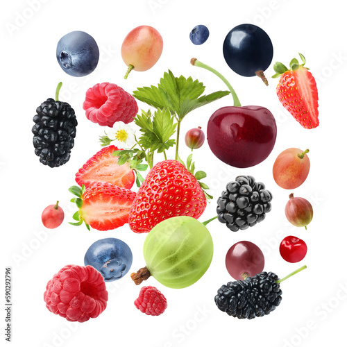 Many different fresh berries falling on white background