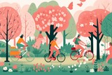 A cartoon family riding bicycles