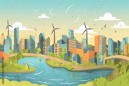 A cartoon-style illustration of a city with renewable ressources