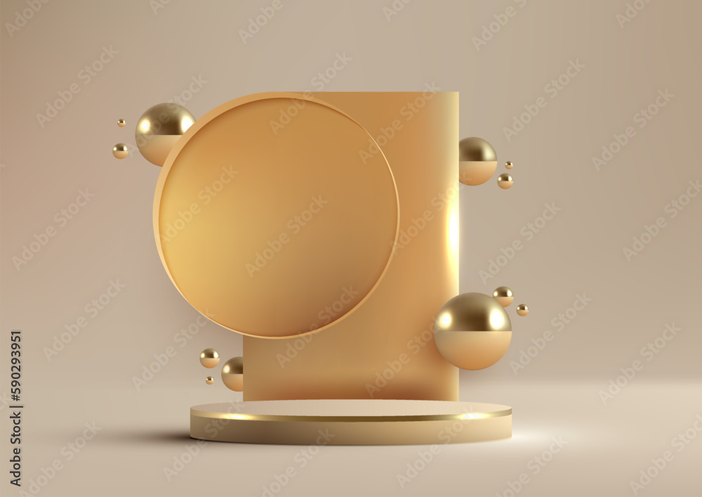 3D realistic luxury style golden podium platform with gold circle backdrop decoration gold balls on beige background