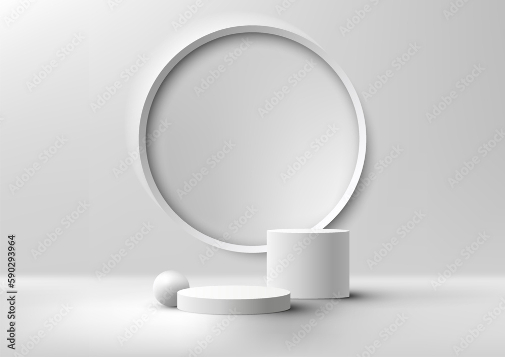 3D realistic modern style empty white podium platform decoration with white ball and circle wall scene background 3D realistic modern style empty white podium platform decoration with white ball and circle wall scene background