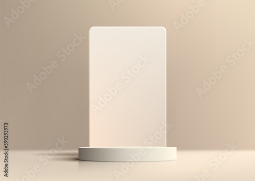 3D realistic minimal style empty white podium platform stand with geometric rectangle backdrop on minimal wall scene brown background