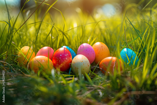 Many colorful Easter eggs in a field. Generative AI