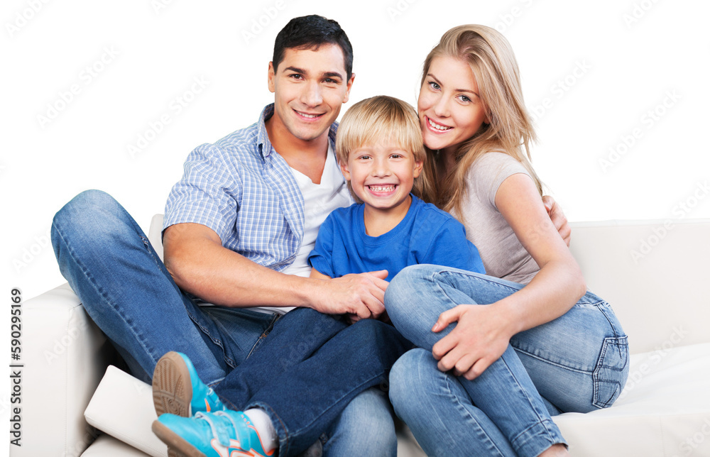 Smiling family sitting at sofa isolated on white background Smiling family sitting at sofa isolated on white background