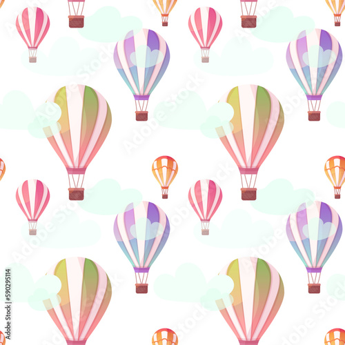 Colorful Hot Air Balloons seamless pattern. Balloons on the  white background with clouds. Vector illustration pattern