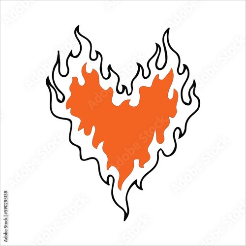 heart with fire. Modern fire heart vector illustration in orange and black colors, heart shaped fire. 