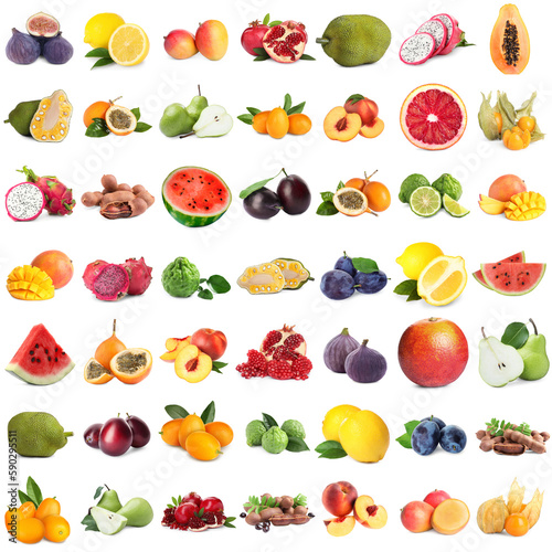 Fototapeta Naklejka Na Ścianę i Meble -  Collage of different fresh fruits on white background