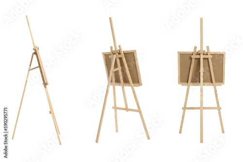 Wooden easel with canvas isolated on white, different sides