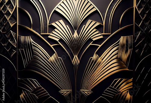 Elegant black and gold art deco pattern on luxurious wall. Generative AI