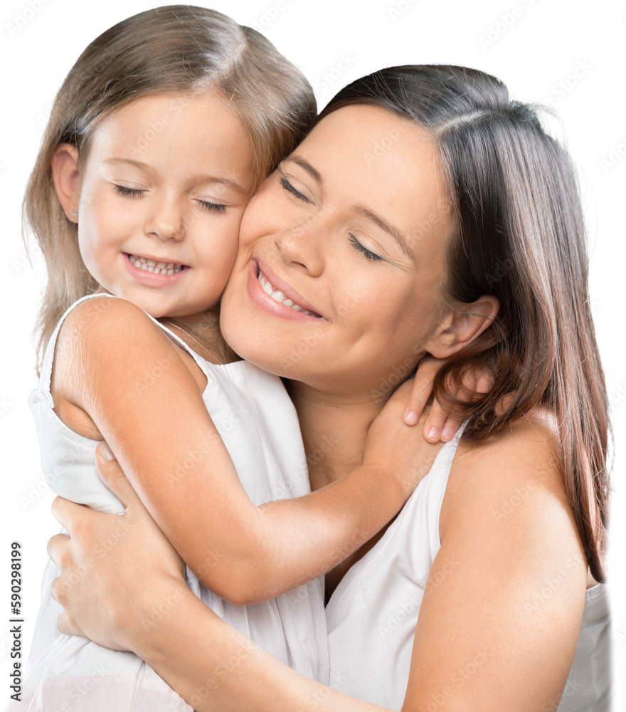 Happy Mother and daughter hugging on white Happy Mother and daughter hugging on white