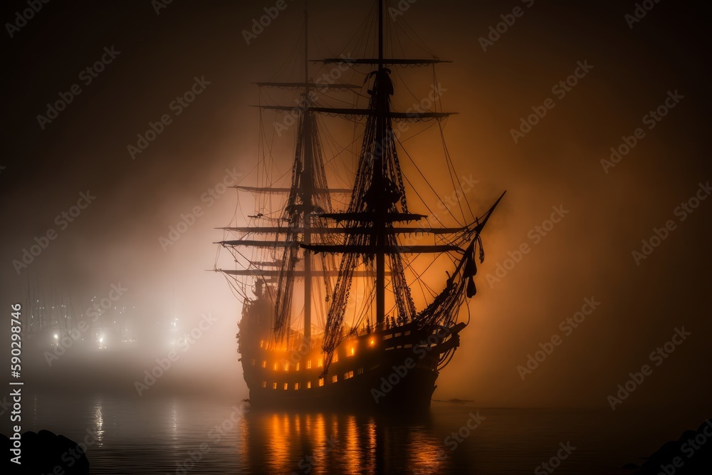 Old pirate ship on fire. Generative AI