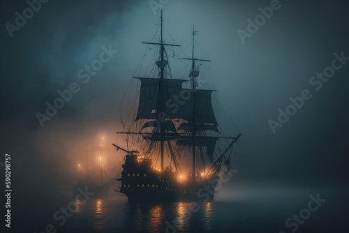Old pirate ship on fire. Generative AI