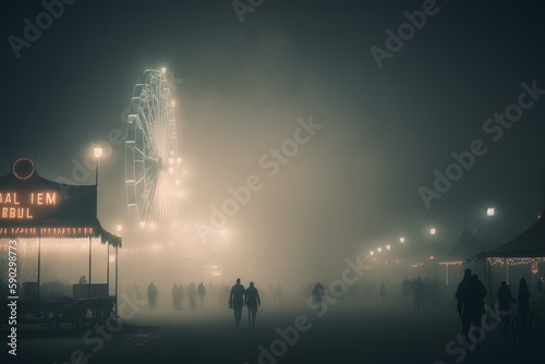 A moody and atmospheric carnival landscape with a dense fog, giving the impression of a mystical and otherworldly experience. Generative AI