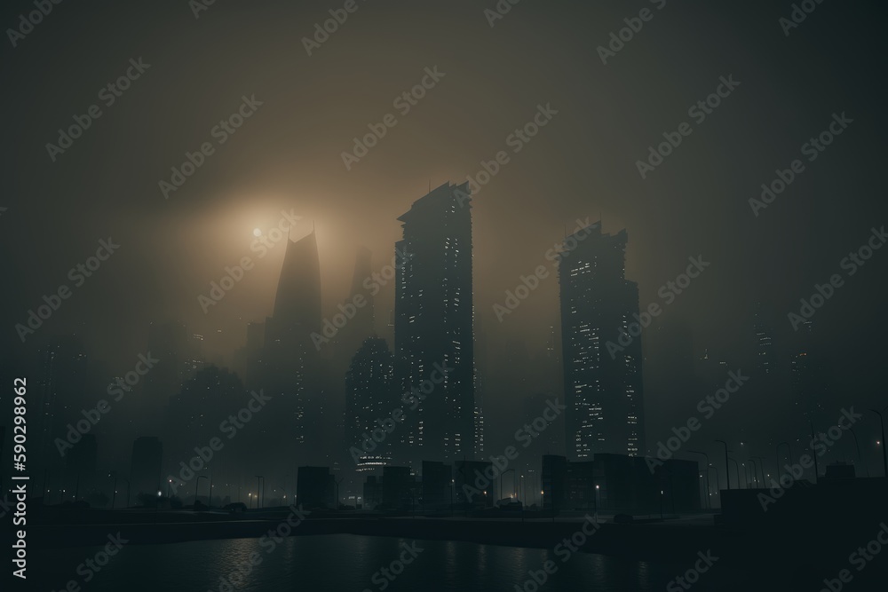 City skyline isolated in fog, Generative AI