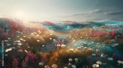 Pastel-colored flower field with glowing, translucent flowers wallpaper. Generative AI
