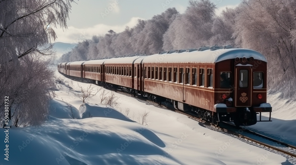 A retro train is traversing an area covered in heavy snow during the day. Some parts of the train were also covered in snow. Beautiful scenery along the way.