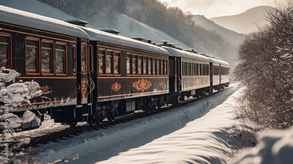 A retro train is traversing an area covered in heavy snow during the day. Some parts of the train were also covered in snow. Beautiful scenery along the way. A retro train is traversing an area covered in heavy snow during the day. Some parts of the train were also covered in snow. Beautiful scenery along the way.