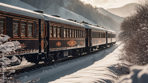 A retro train is traversing an area covered in heavy snow during the day. Some parts of the train were also covered in snow. Beautiful scenery along the way. © Aisyaqilumar