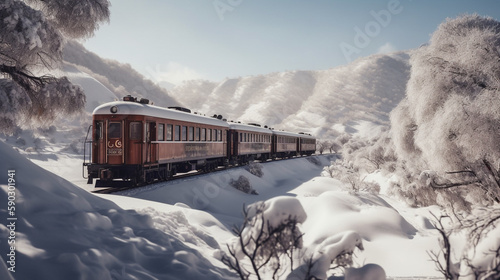 A retro train is traversing an area covered in heavy snow during the day. Some parts of the train were also covered in snow. Beautiful scenery along the way. photo