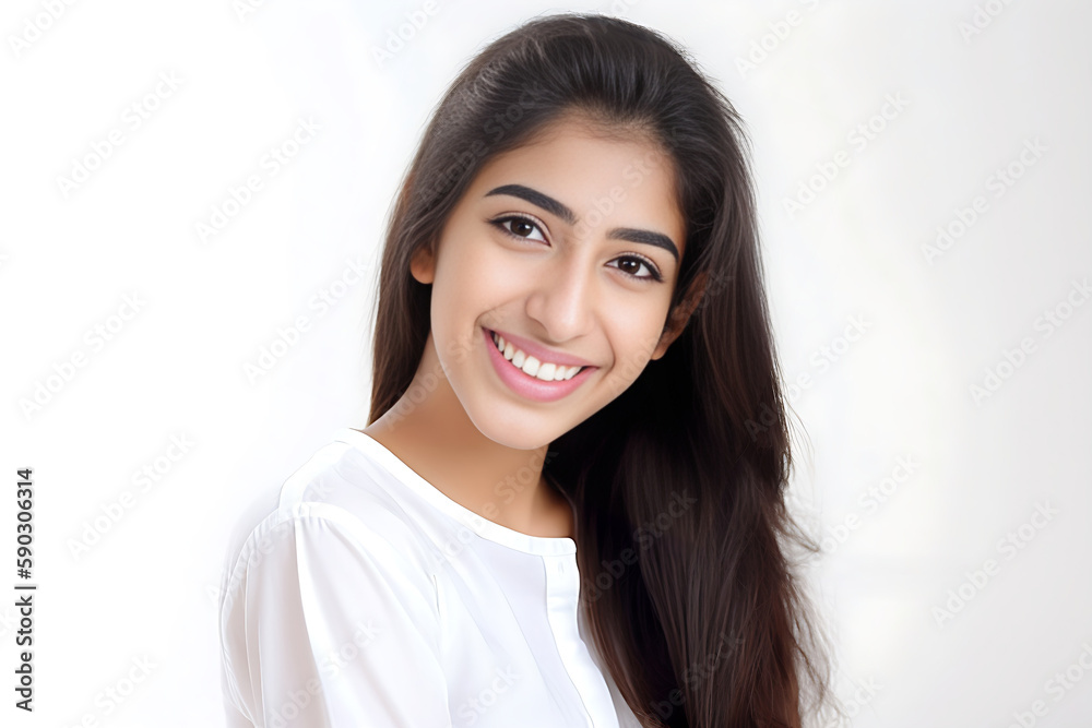 the Middle East of Asian woman Smiles and Looks at Camera on White Background.generative AI the Middle East of Asian woman Smiles and Looks at Camera on White Background.generative AI