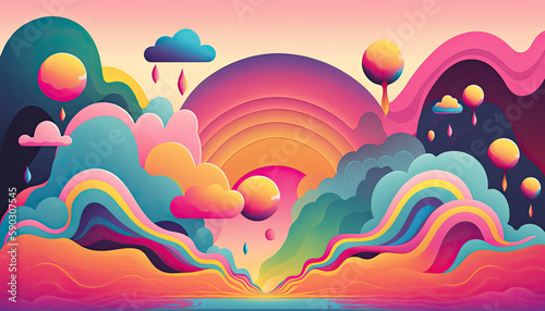 modern concept rainbow, sky, clouds, and sunrise. Vaporwave nostalgic y2k background illustration. Generative AI © Constantina