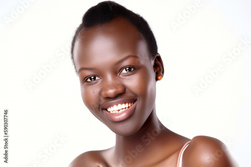 A Black woman is shown smiling and standing in front of a white background, illuminated by studio lighting. generative AI © Surachetsh