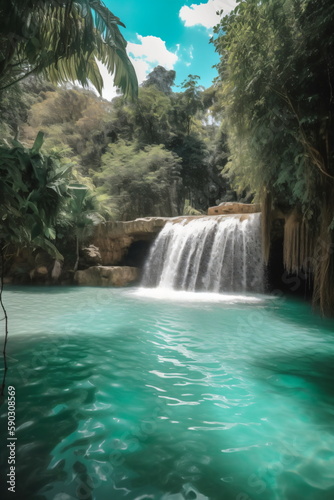 Wasserfall im tropischen Dschungel . Natur Hintergrund und Tapete Konzept Oase - erstellt mit AI