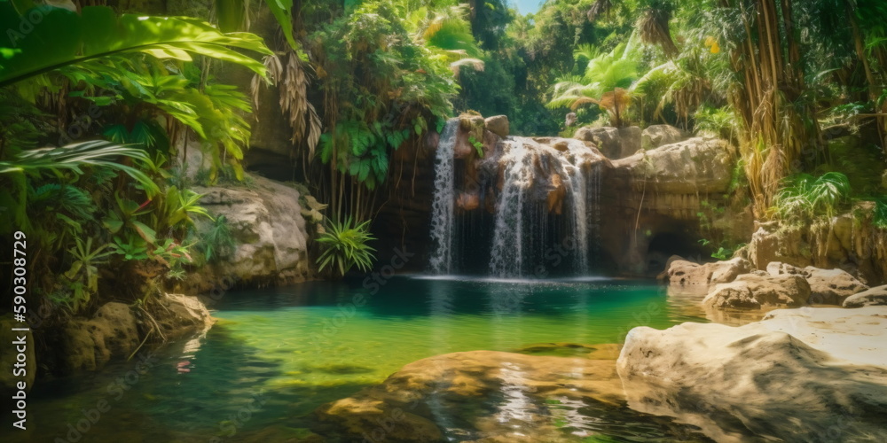 Beautiful waterfall in jungle with palm trees and sunshine background ...