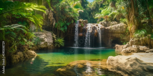 Beautiful waterfall in jungle with palm trees and sunshine background image - created with AI 