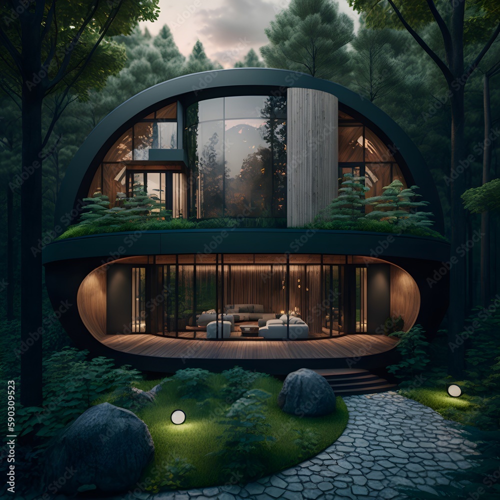 nowoczesna STODOtA inspired modern Japanese mansion with rounded features in a green luscious ...