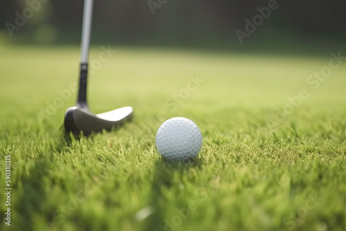Golf ball and club on green grass, Generative AI