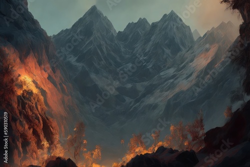 landscape view on beautiful mountains and rocks with snow and fire. Generative AI