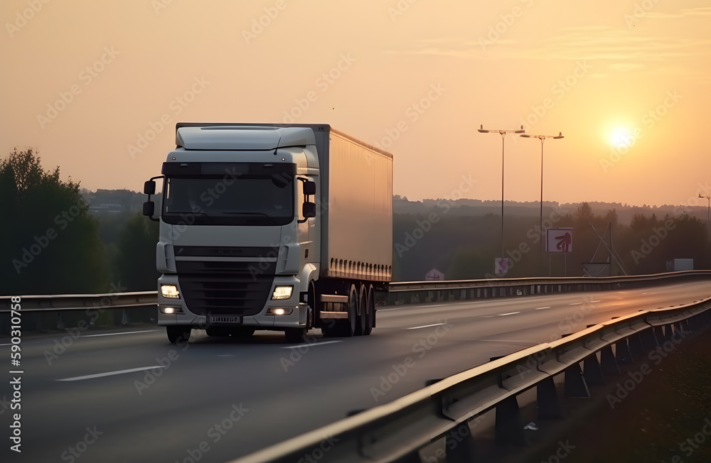 White big rig long haul semi truck at high speed on freeway during sunset. Generative AI