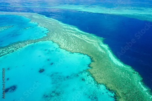 Aerial view of part of the Great Barrier Reef, the world's largest coral reef system composed of over 2,900 individual reefs and 900 islands. Coral Sea,  coast of Queensland, Australia. Dec 2019