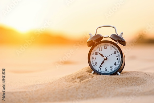 alarm clock on the beach. AI generative image.