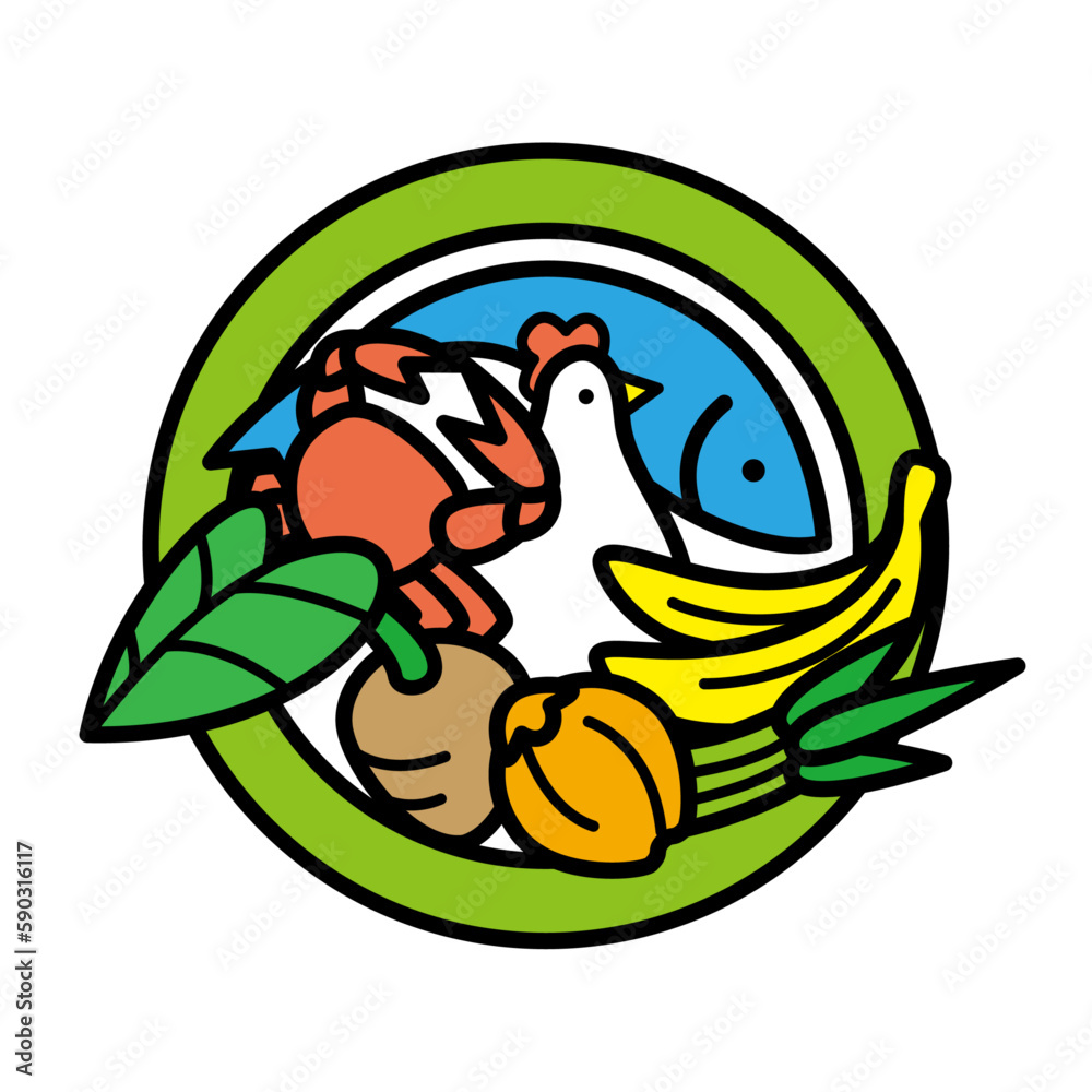 Tropical food material illustration logo in Pacific islands. Fish, Crab, Taro potato, Coconut fruits, Water spinach, Banana, Chicken. Tropical food material illustration logo in Pacific islands. Fish, Crab, Taro potato, Coconut fruits, Water spinach, Banana, Chicken.