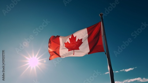 Canada flag in clear blue sky, Generative ai