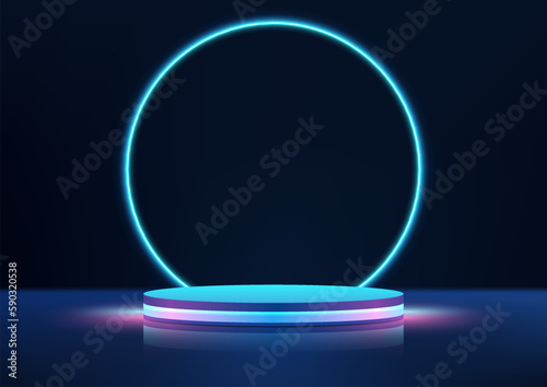 3D realistic empty blue and pink neon colors podium with circles glowing blue neon light backdrop on black background technology style