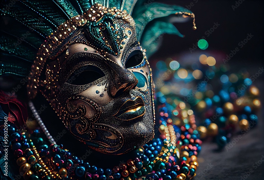 Carnival mask & beads, Mardi Gras backdrop. Generative AI