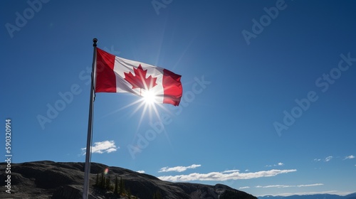 Canada flag in clear blue sky, Generative ai
